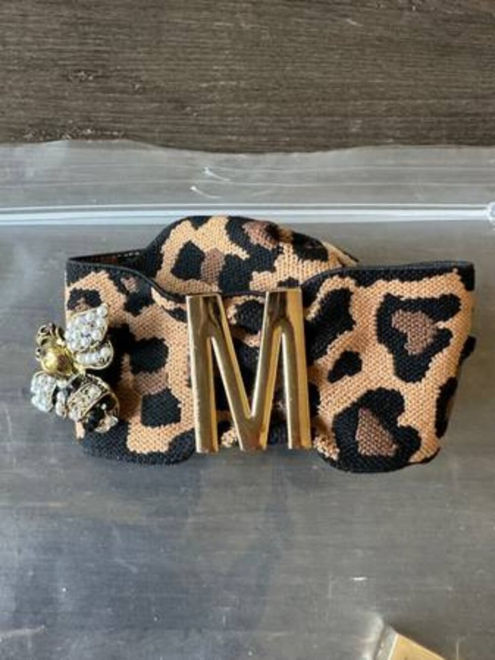 Leopard stretch Band Bracelet with Gold Initial M Letter - by Camel Threads -NEW